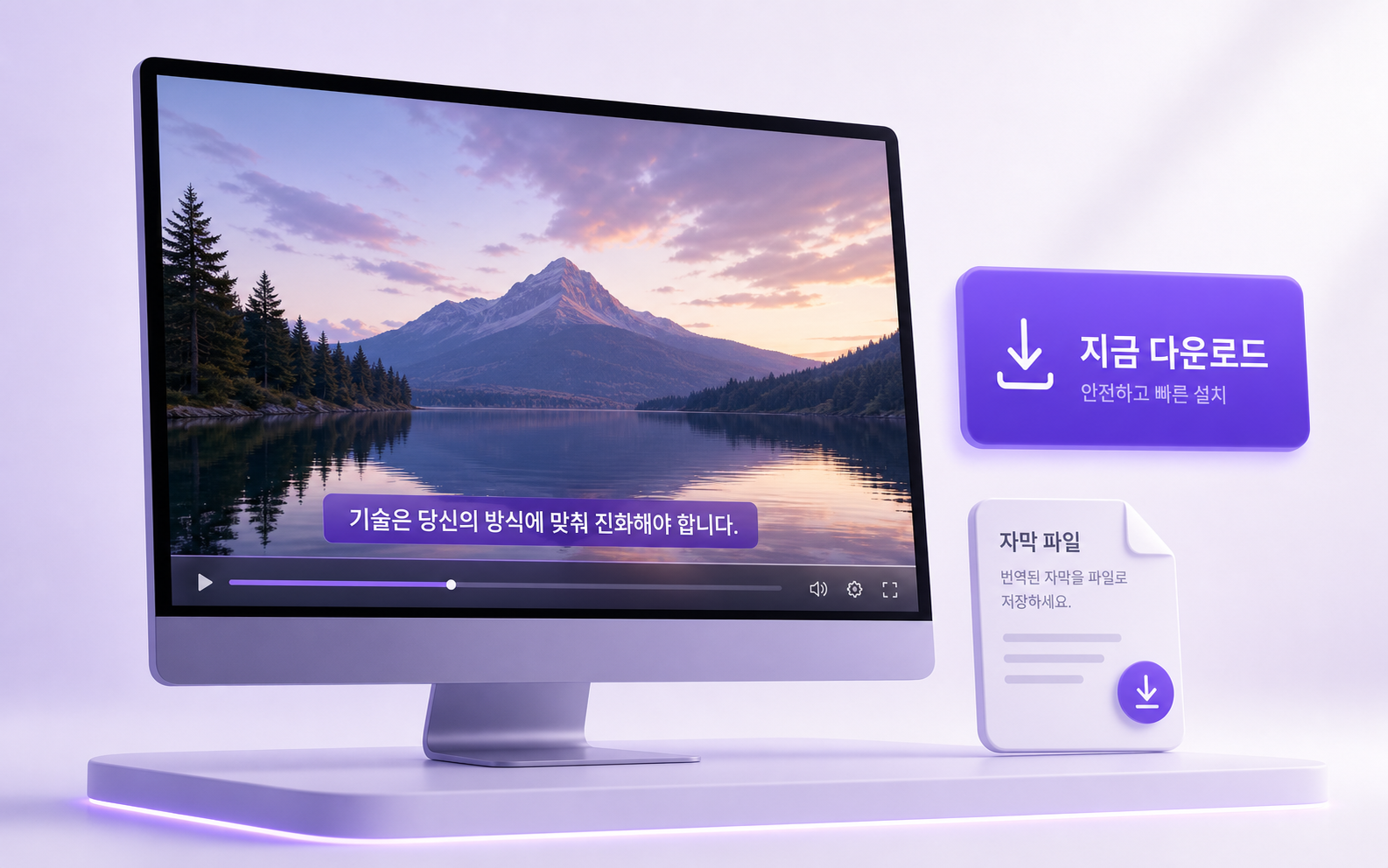 데스크톱 모니터에서 해외 영상 위 한국어 자막을 보여주는 제품 렌더
